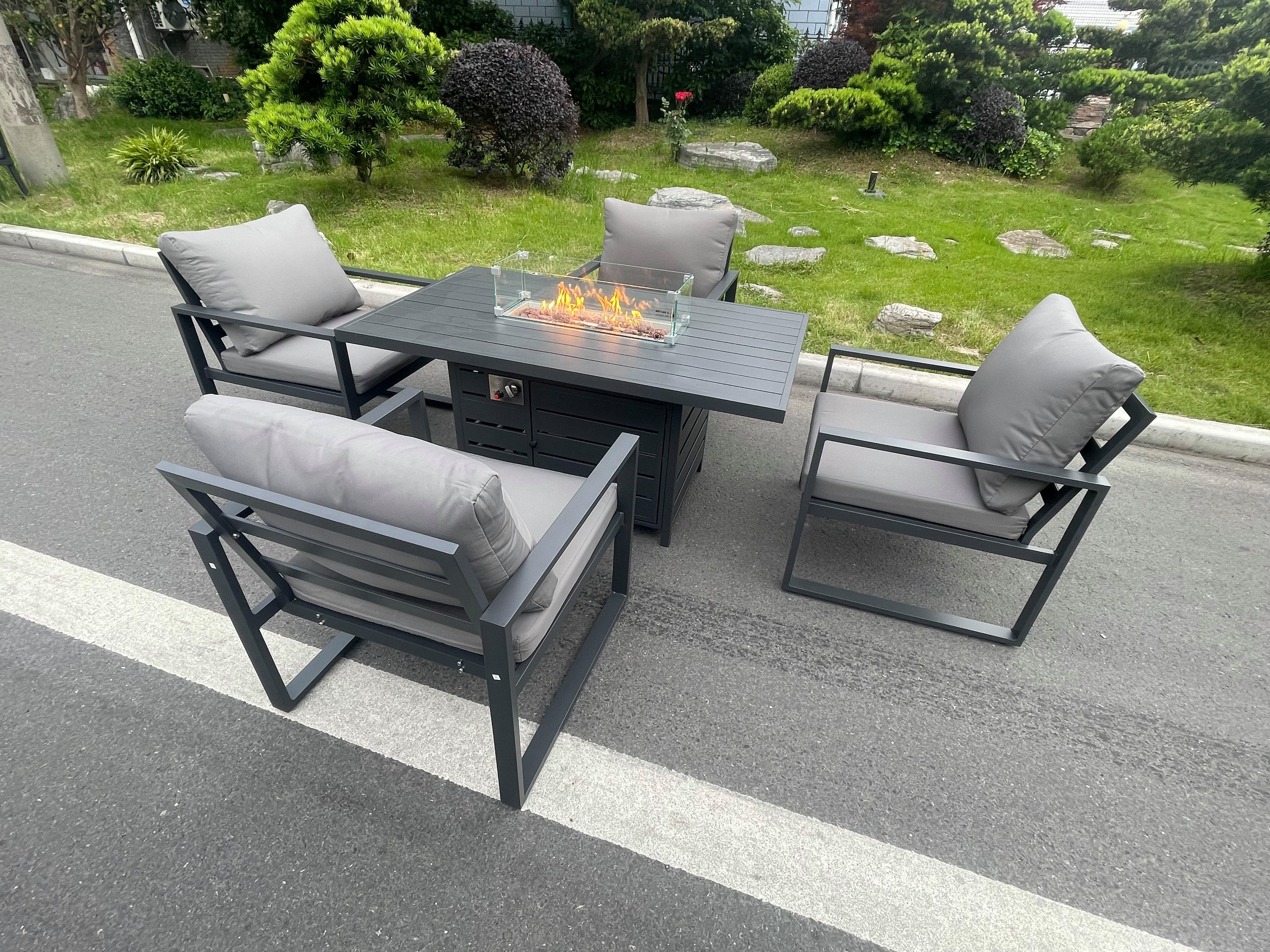 Aluminum Top 4 Seat Garden Furniture Dining Set Gas Fire Pit Table And Chairs Burner Heater Patio Ou